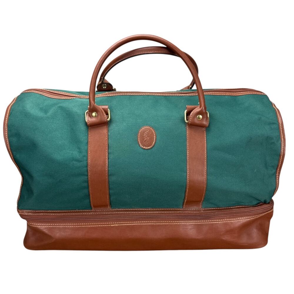 VTG Ralph Lauren Fragrances Green Canvas Duffle Bag Drop Bottom Travel Carry On